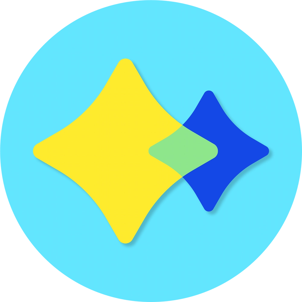 Two overlapping diamond shapes, one large and yellow, one smaller and blue, on a light blue circular background. The overlapping section is green.